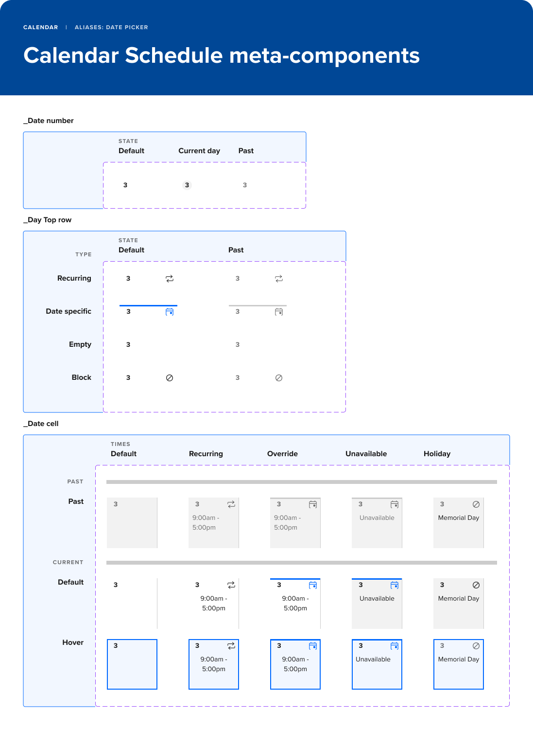 Calendar Schedule meta-components — date number, day top row, and date cell variant specifications